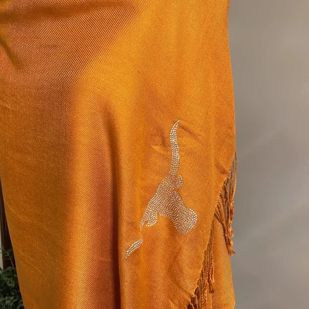 NWT PASHMINA SILK Orange wrap scarf shawl fringed bull’s head rhinestone O/S